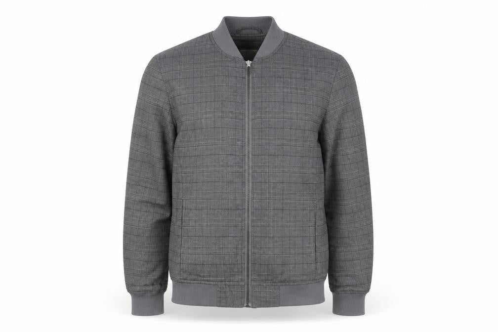 Front view of Primark men’s grey xs bomber jacket check pattern casual