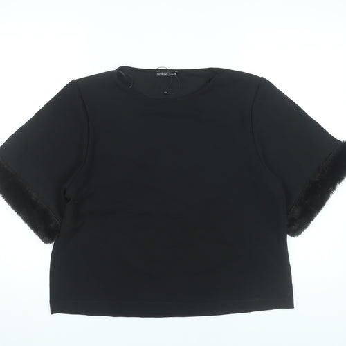 Zara Women Black Size 12 Cropped Blouse with Fur Trim Sleeves