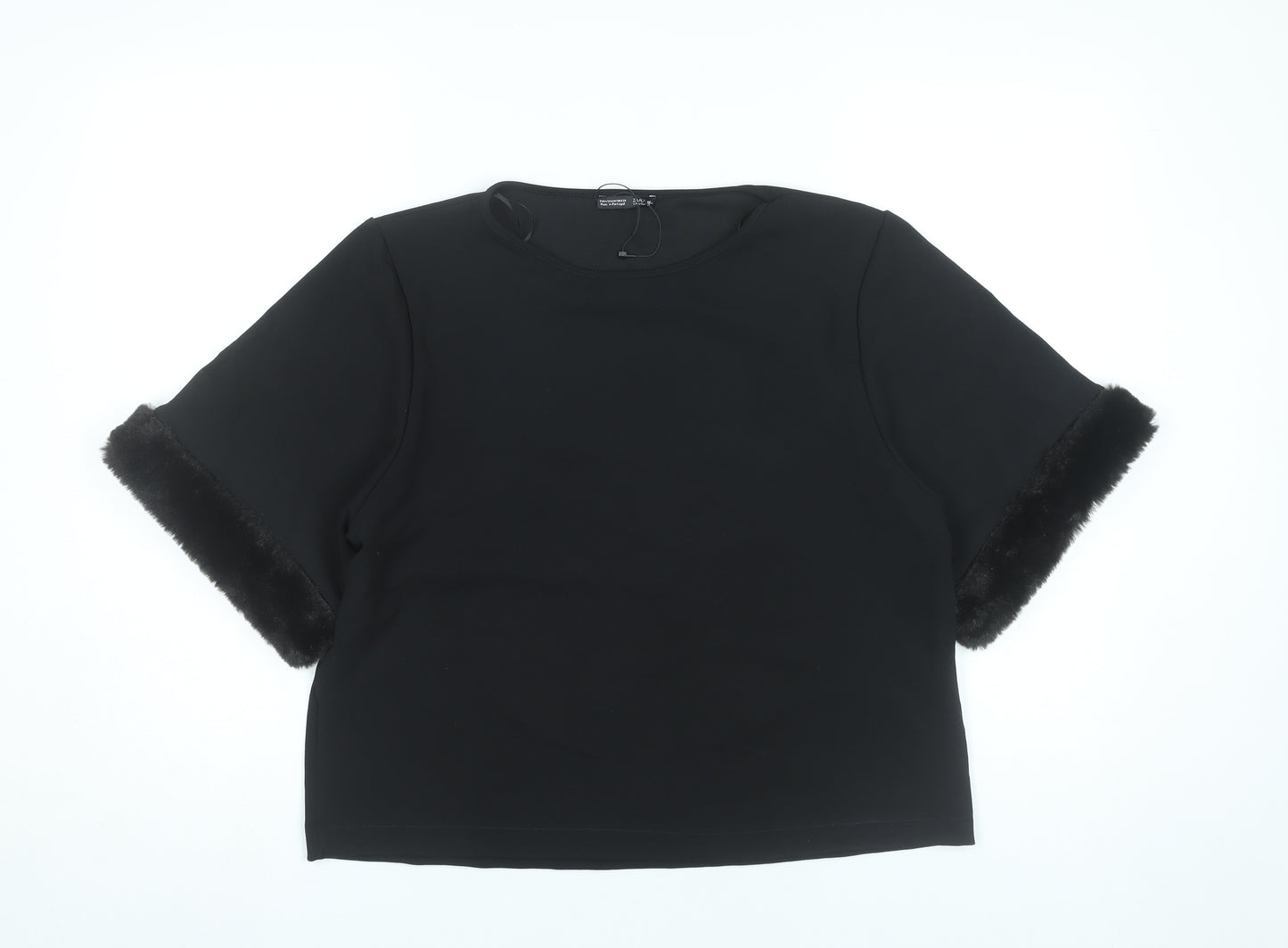 Zara Women Black Size 12 Cropped Blouse with Fur Trim Sleeves