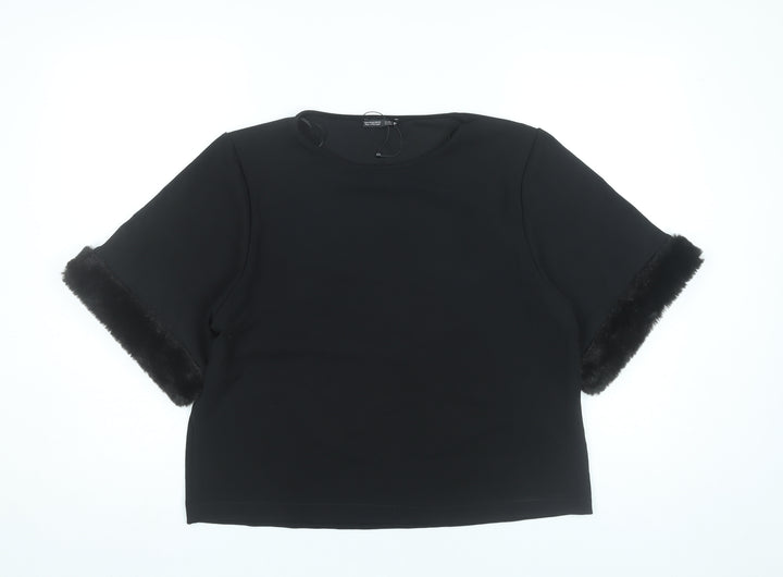 Zara Women Black Size 12 Cropped Blouse with Fur Trim Sleeves