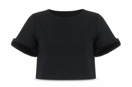 Front view of Zara Women Black, size 12, Cropped Blouse with Fur Trim Sleeves
