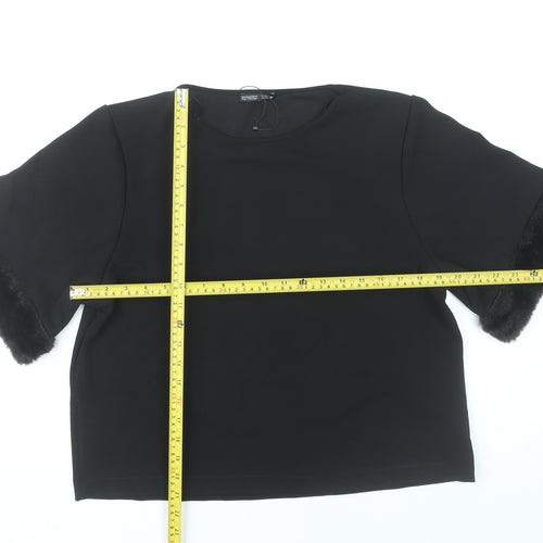 Zara Women Black Size 12 Cropped Blouse with Fur Trim Sleeves