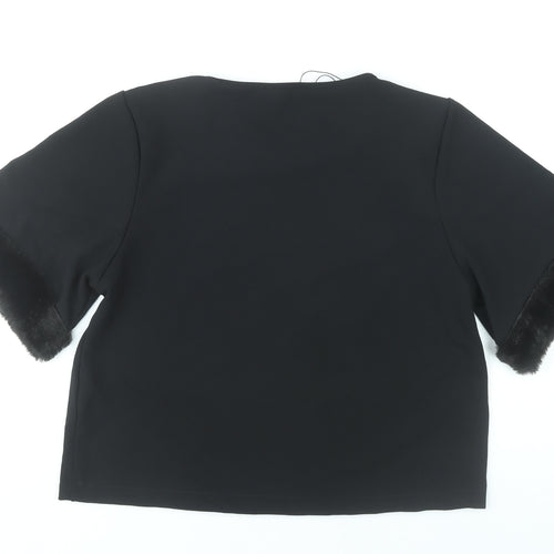 Zara Women Black Size 12 Cropped Blouse with Fur Trim Sleeves