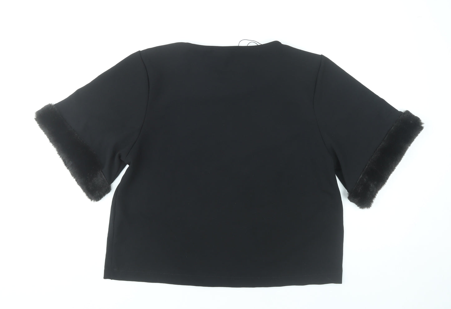 Zara Women Black Size 12 Cropped Blouse with Fur Trim Sleeves