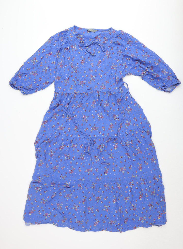 Nutmeg Women Blue Floral Midi Wrap Dress Size 8 Viscose