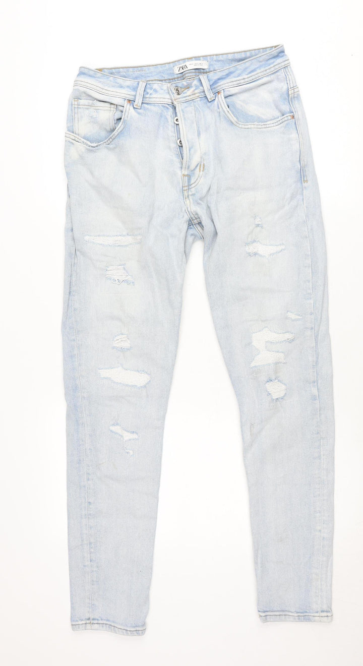 Zara Womens Blue Distressed Boyfriend Jeans Size 14 Relaxed Fit