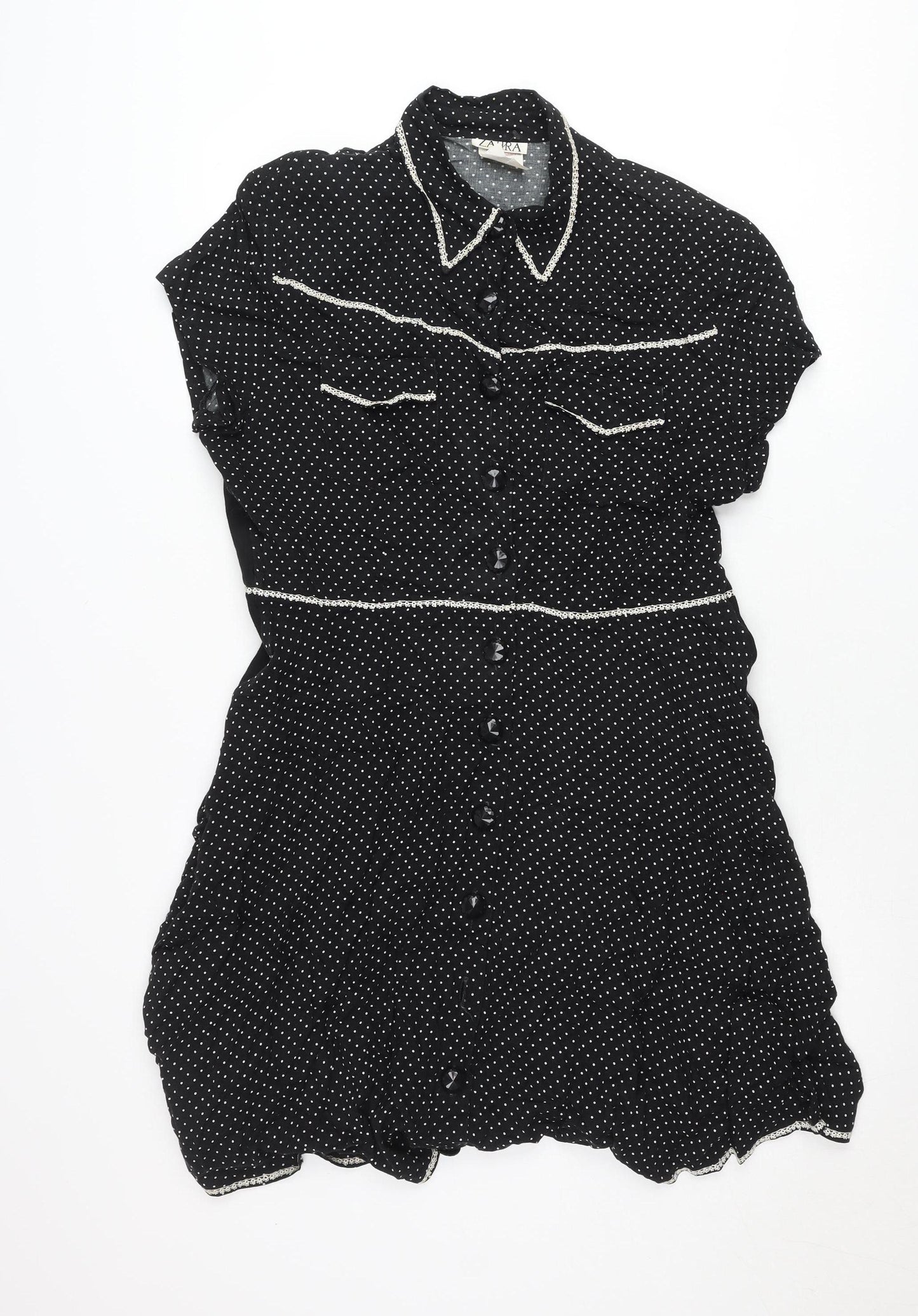 Zahra Women’s Black Polka Dot Shirt Dress Size 10 Vintage Rayon