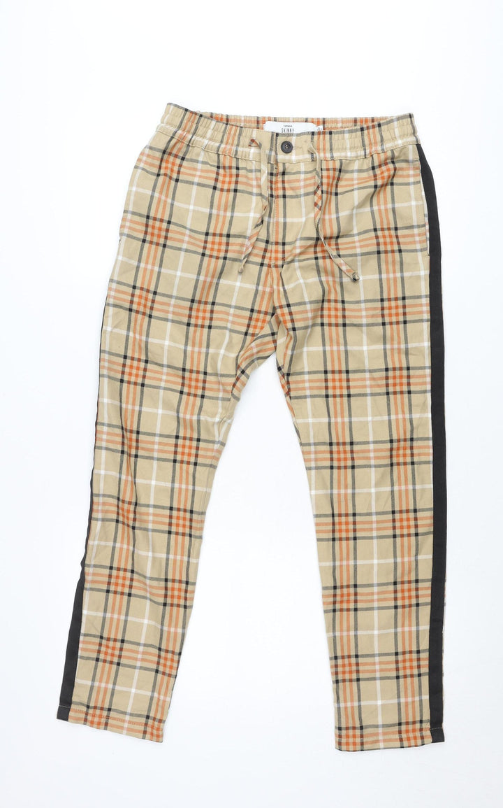 Topman Unisex Adults Beige Plaid Skinny Chino Trousers Size 32