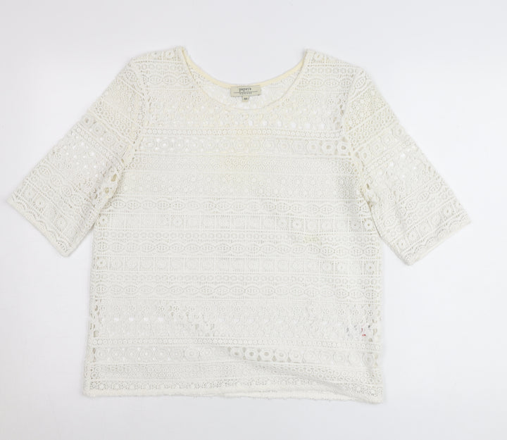 Papaya Women Ivory Lace Blouse Size 10 Cropped Short Sleeve