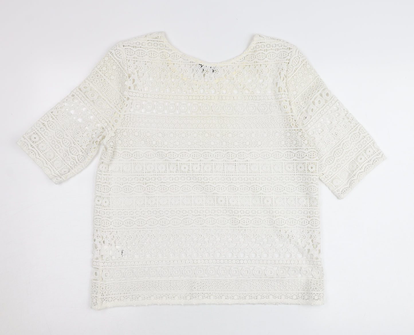 Papaya Women Ivory Lace Blouse Size 10 Cropped Short Sleeve