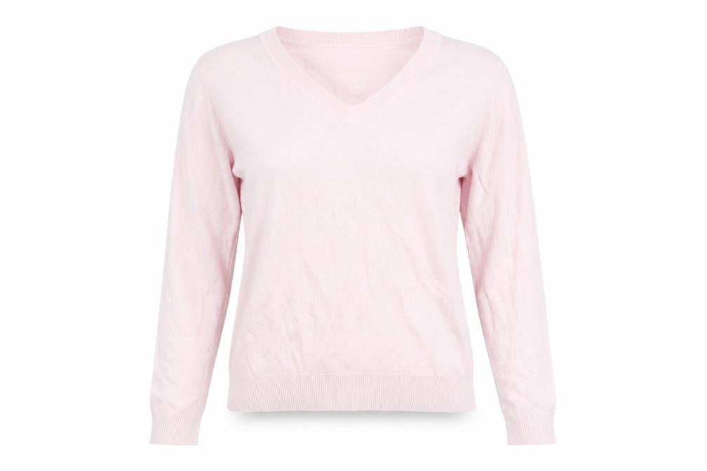 Front view of Next women’s pink v-neck jumper, size UK 14, acrylic knit