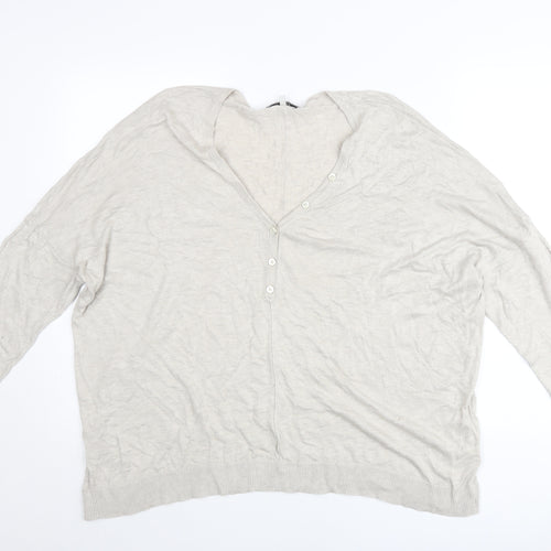 Next Womens Beige Linen Blend Henley Jumper Size L V-Neck Long Sleeve