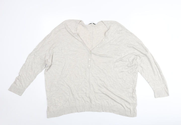 Next Womens Beige Linen Blend Henley Jumper Size L V-Neck Long Sleeve