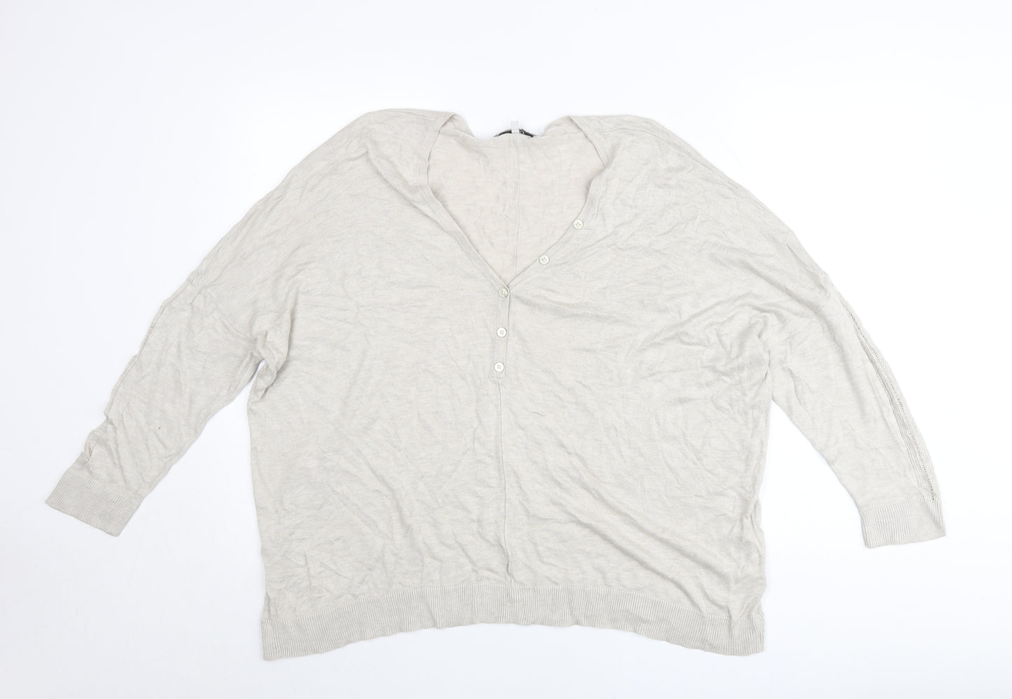 Next Womens Beige Linen Blend Henley Jumper Size L V-Neck Long Sleeve
