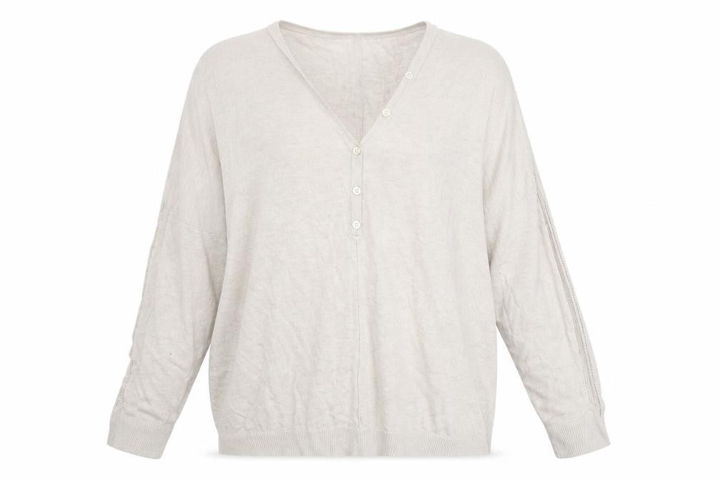 Next Womens Beige Linen Blend Henley Jumper Size L V-Neck Long Sleeve