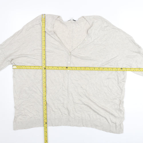 Next Womens Beige Linen Blend Henley Jumper Size L V-Neck Long Sleeve
