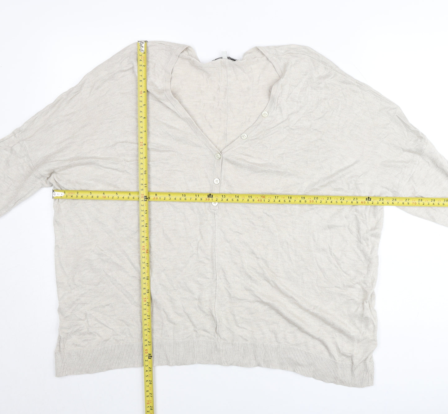 Next Womens Beige Linen Blend Henley Jumper Size L V-Neck Long Sleeve