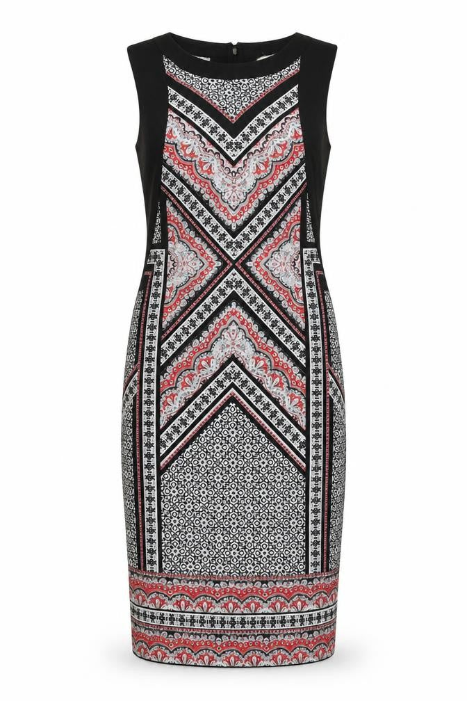 Front view of Oasis women’s black white red geometric sheath dress, size S
