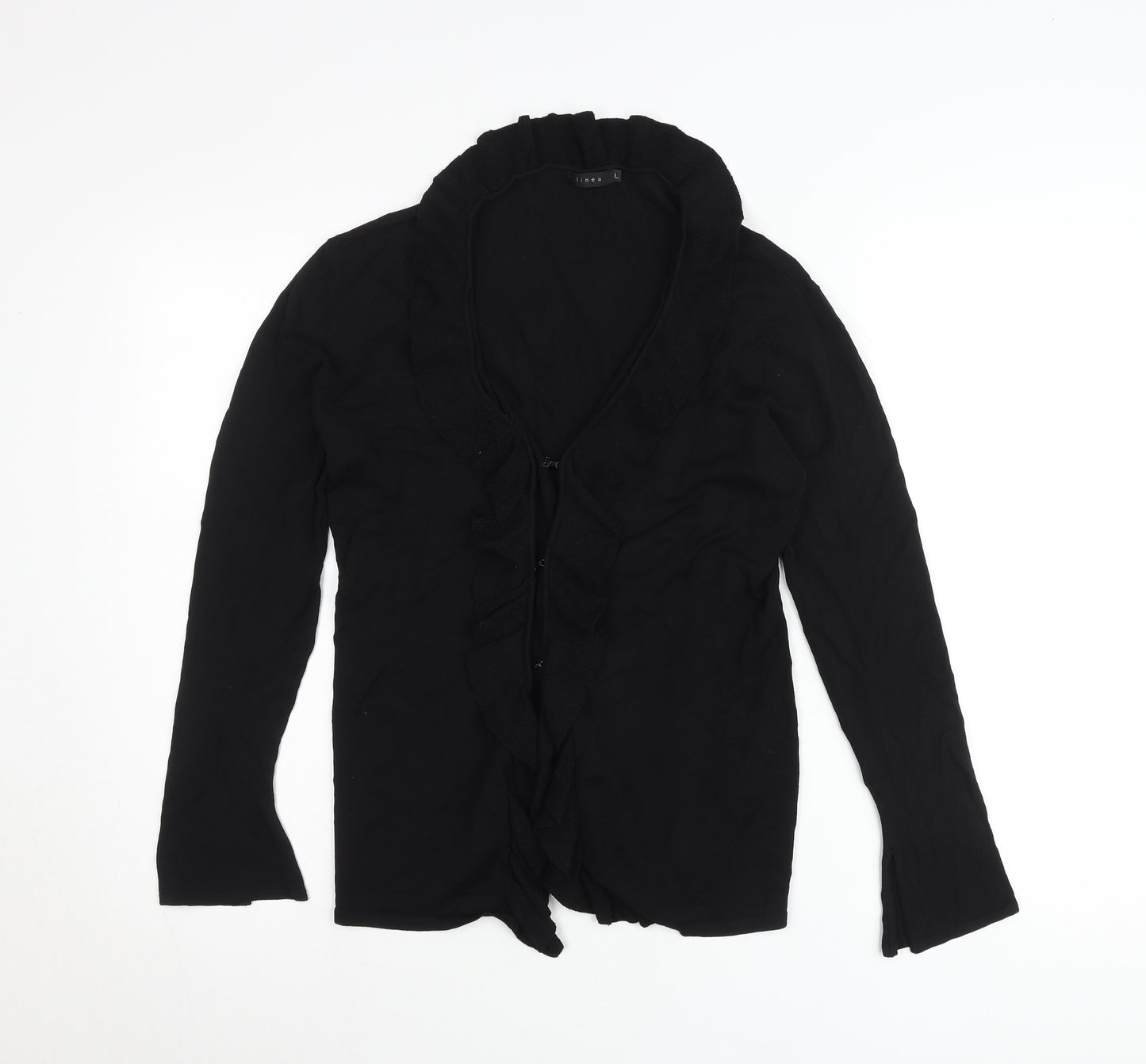 Linea Womens Black Ruffle V-Neck Cardigan Size L Long Sleeve Knit