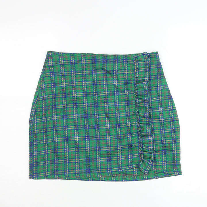 Topshop Women Green Plaid Ruffle Short Pencil Skirt UK 12