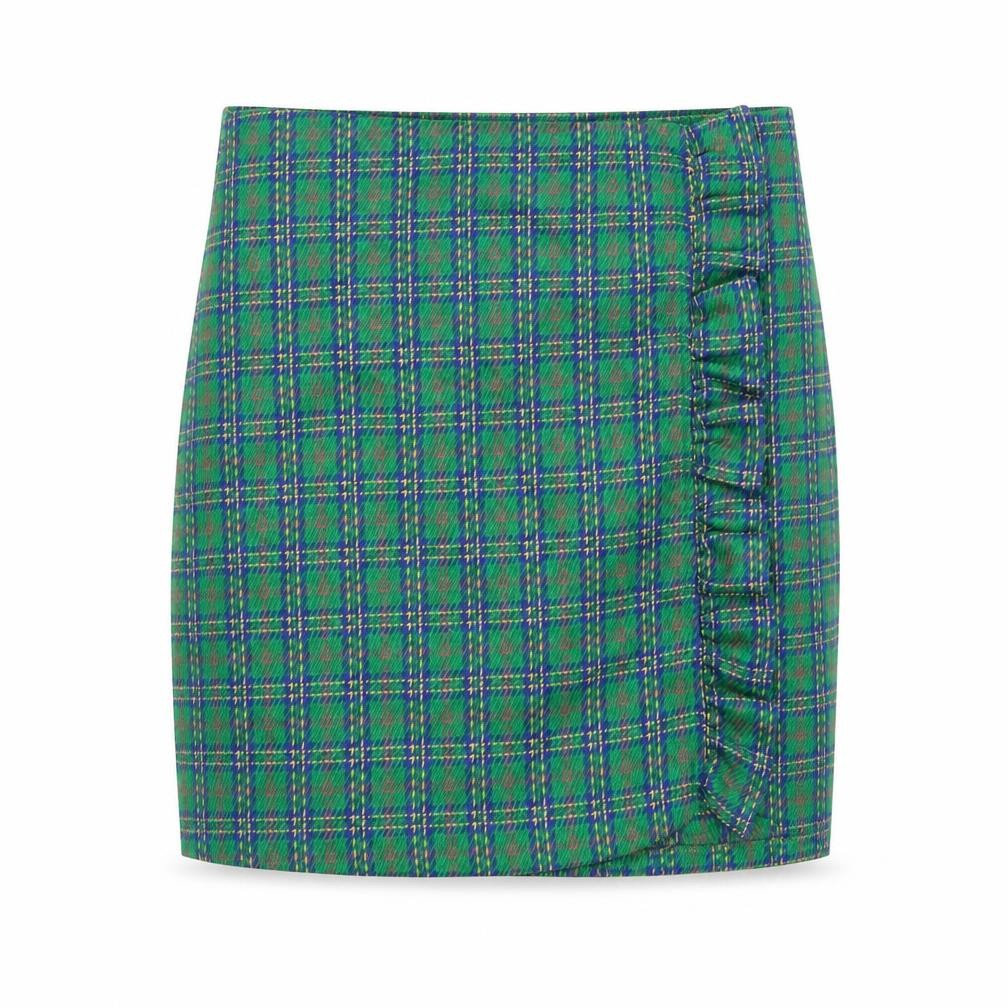 Topshop Women Green Plaid Ruffle Short Pencil Skirt UK 12