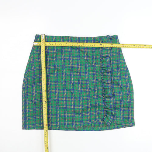 Topshop Women Green Plaid Ruffle Short Pencil Skirt UK 12
