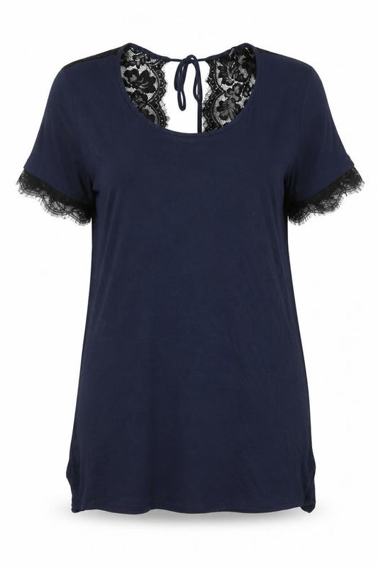 Front view of Next Women’s Blue Lace Trim Short Sleeve T-Shirt, size UK 12