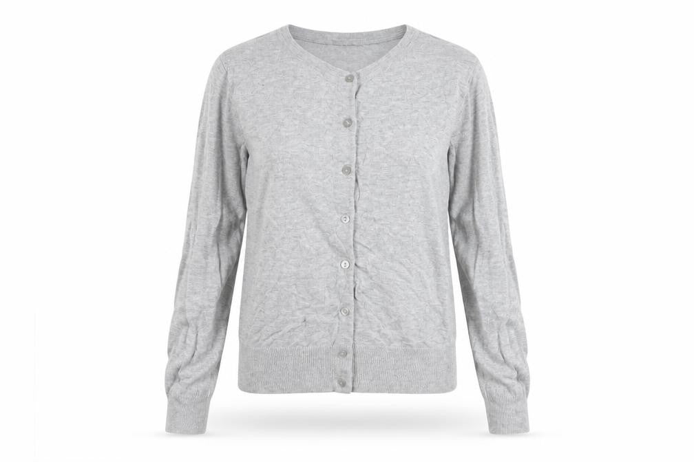 Front view of BASIC women’s grey cardigan uk, size UK 8, crew neck knit lightweight