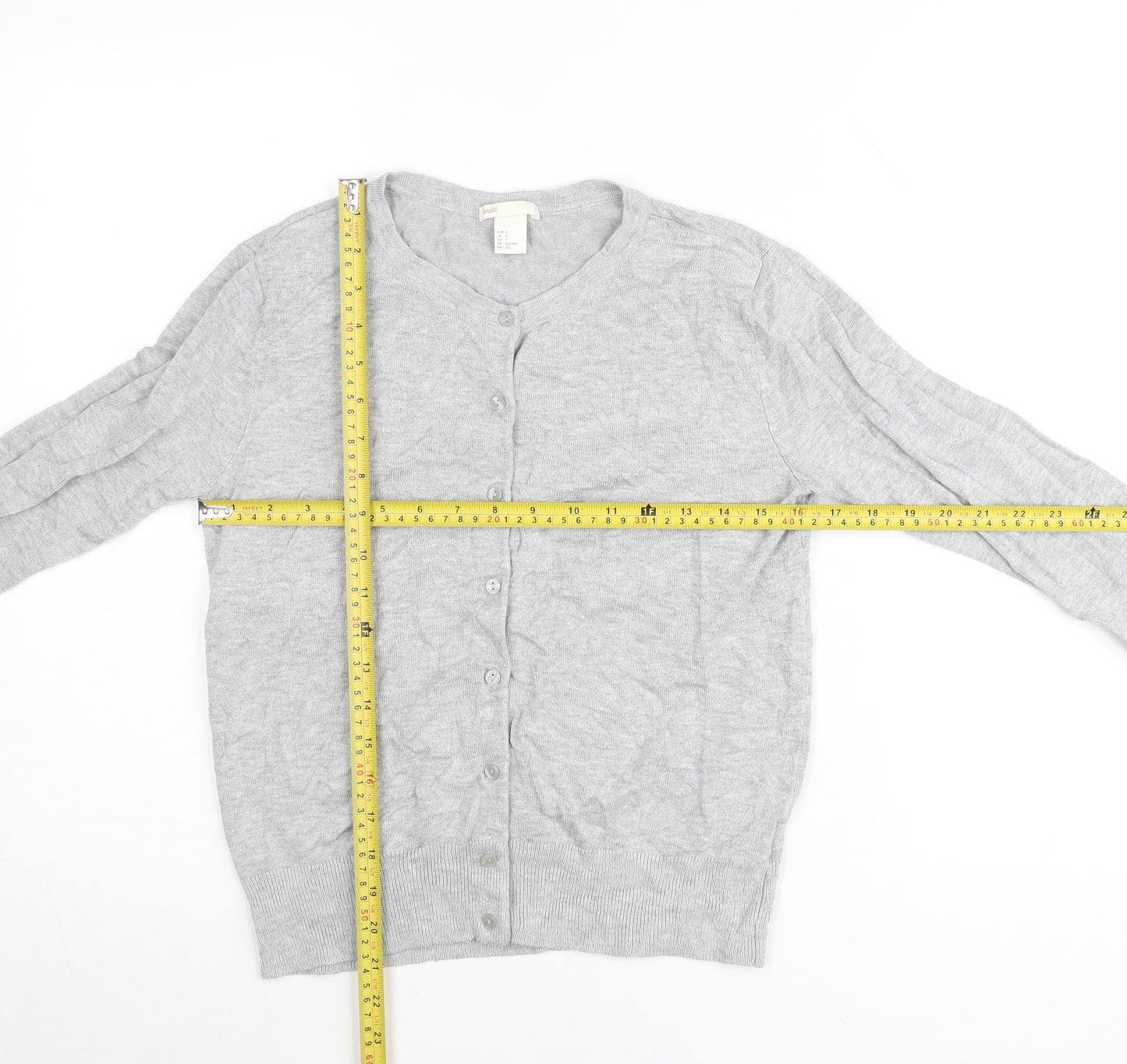 BASIC Womens Grey Cardigan UK Size 8 Crew Neck Knit Lightweight