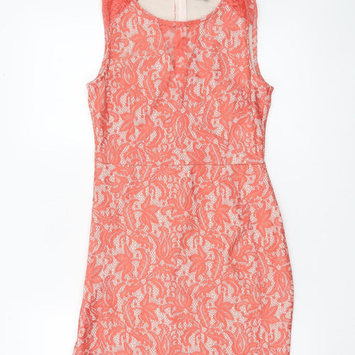 Warehouse Women’s Orange Lace Sheath Dress Size 10 Sleeveless Knee Length