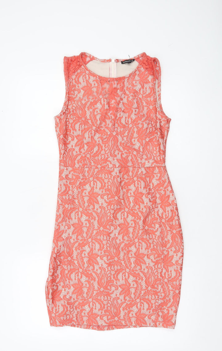Warehouse Women’s Orange Lace Sheath Dress Size 10 Sleeveless Knee Length