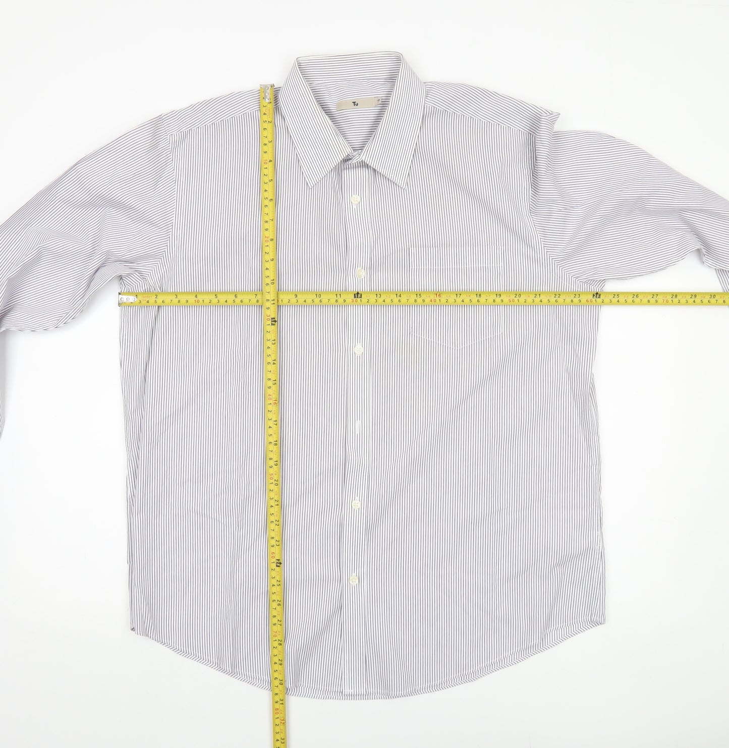 Tu Men's White Striped Formal Dress Shirt Size 17 Regular Long Sleeve