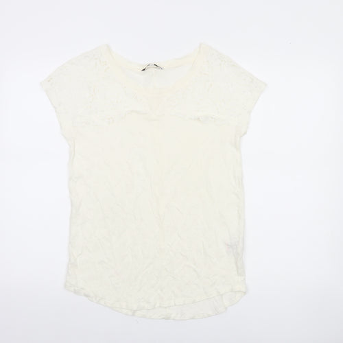 Next Women’s Ivory Linen Lace T-Shirt UK 10 Scoop Neck Summer Top