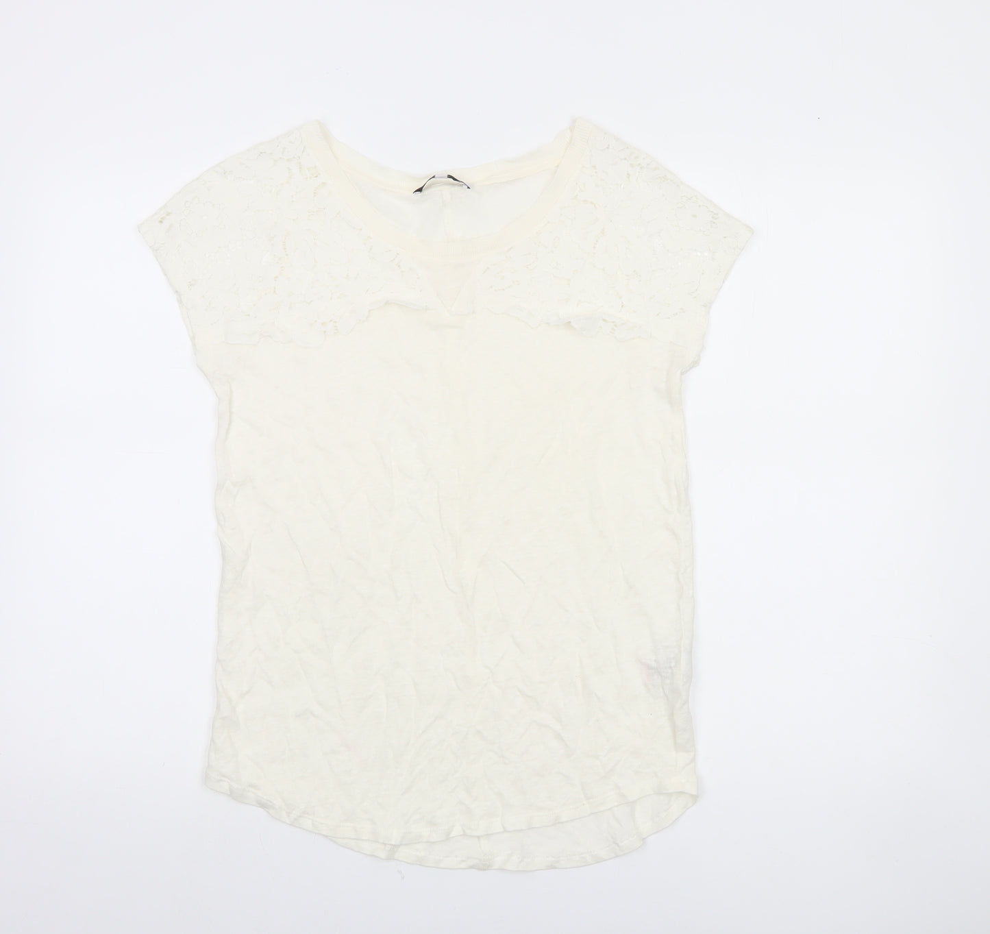 Next Women’s Ivory Linen Lace T-Shirt UK 10 Scoop Neck Summer Top