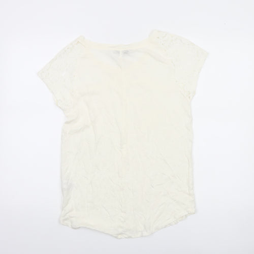 Next Women’s Ivory Linen Lace T-Shirt UK 10 Scoop Neck Summer Top