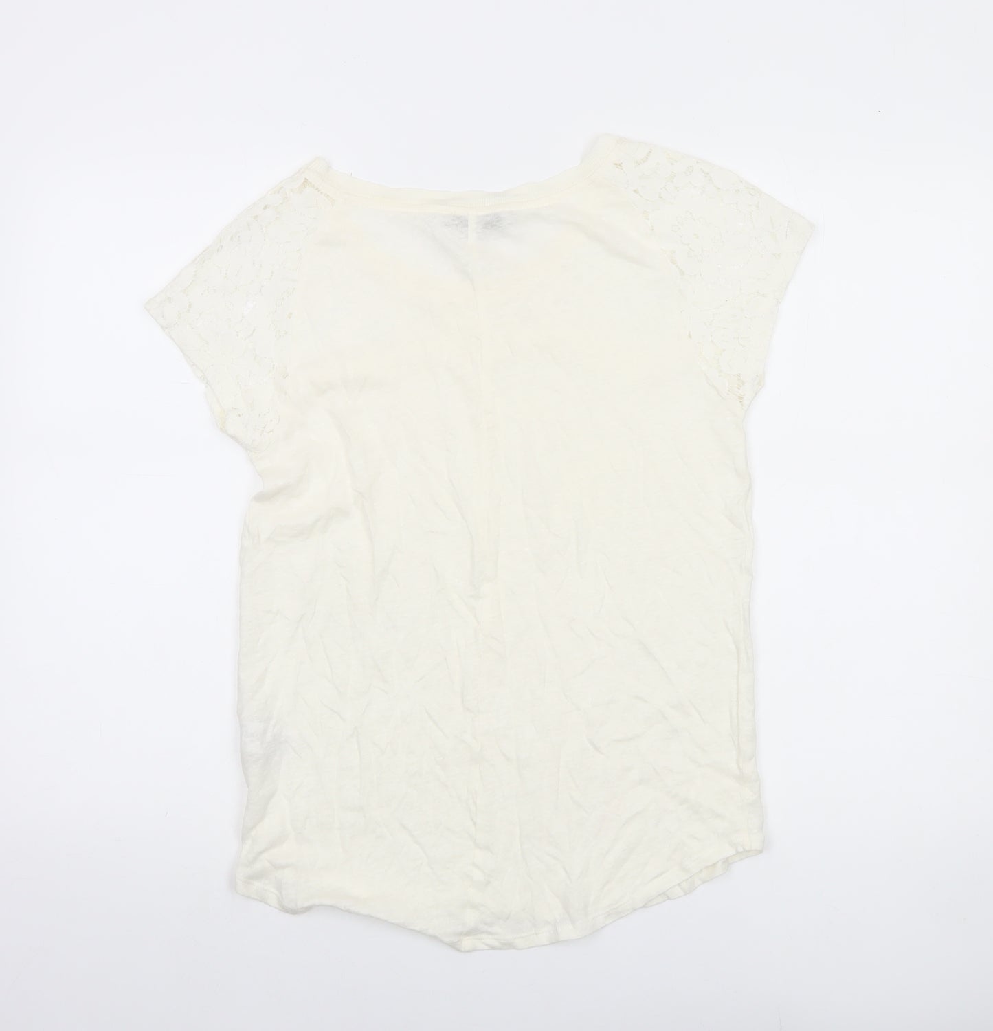 Next Women’s Ivory Linen Lace T-Shirt UK 10 Scoop Neck Summer Top