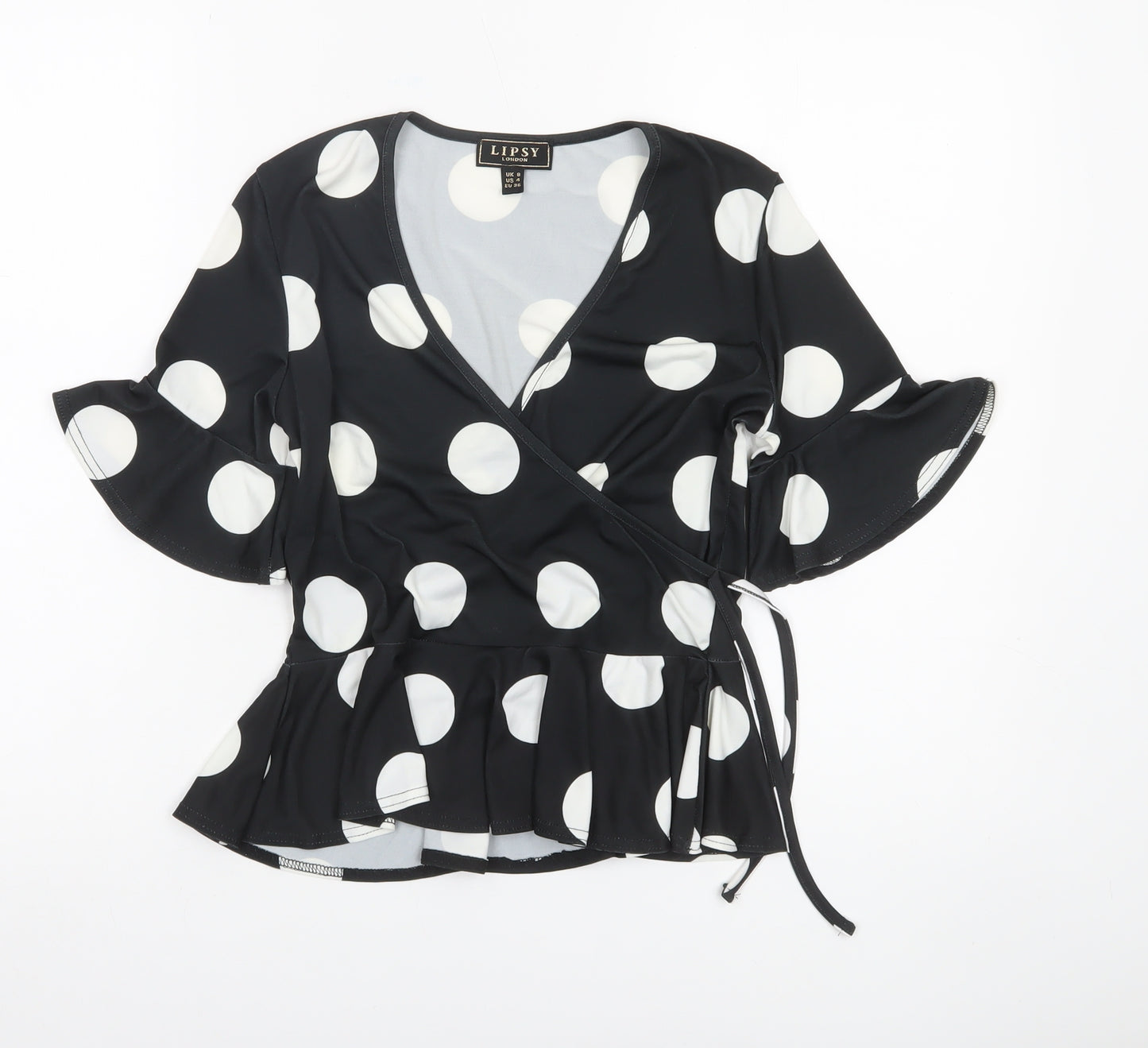 Lipsy Women Black White Polka Dot Wrap Blouse UK 8