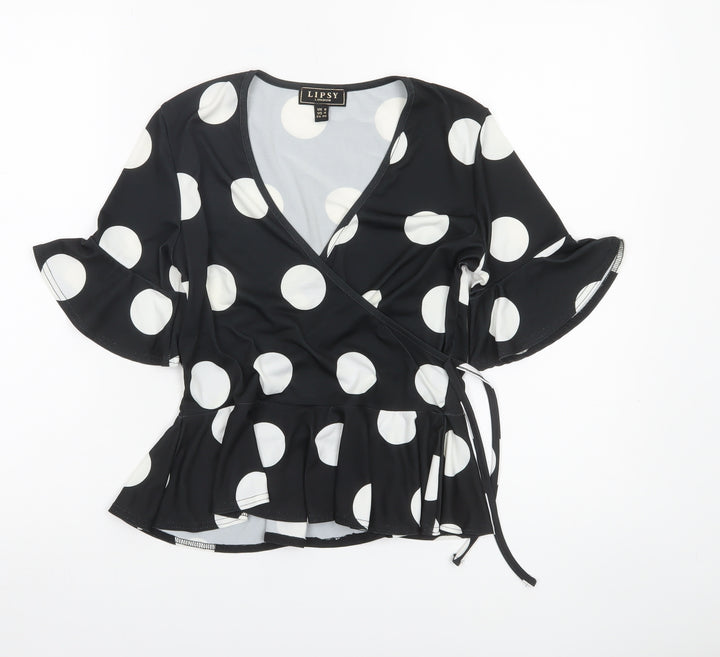 Lipsy Women Black White Polka Dot Wrap Blouse UK 8