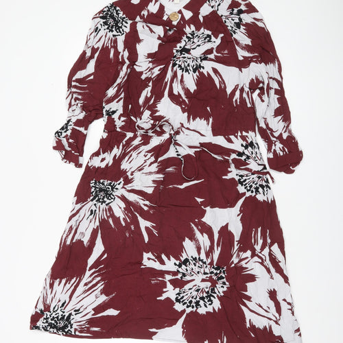 Monsoon Women Red Floral Shirt Dress Small Viscose Belted Casual