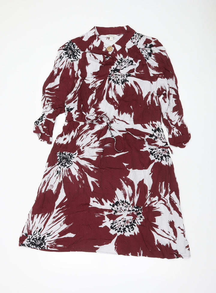 Monsoon Women Red Floral Shirt Dress Small Viscose Belted Casual