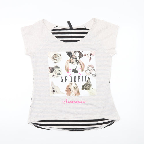 Blind Date Women’s Beige Stripe Dog Print Casual T-Shirt L