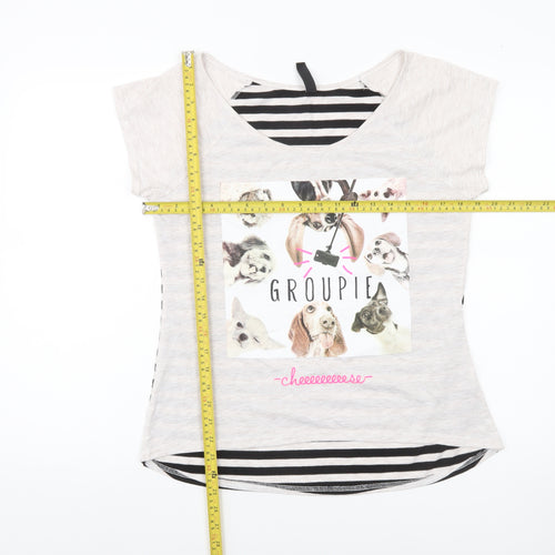 Blind Date Women’s Beige Stripe Dog Print Casual T-Shirt L
