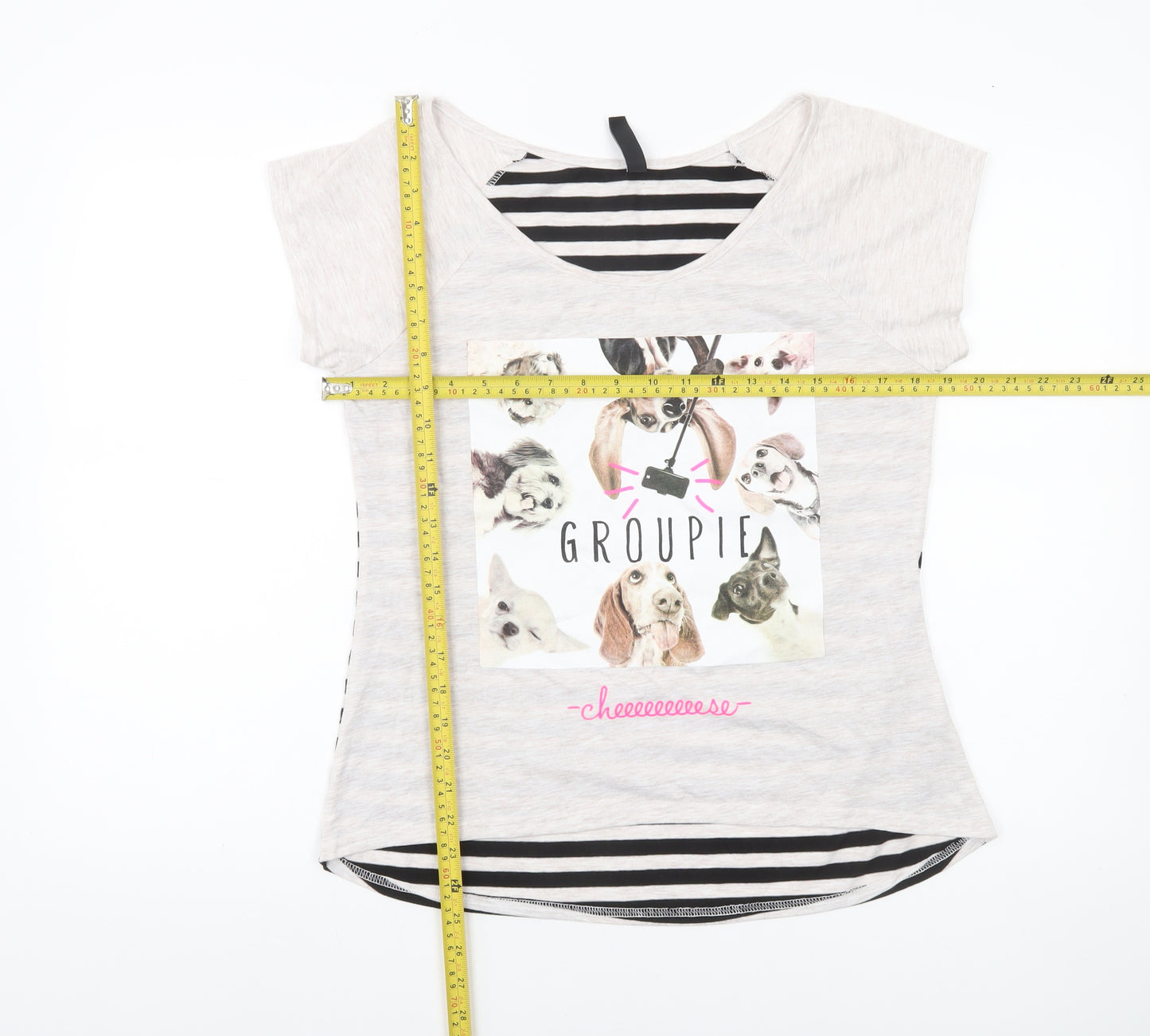 Blind Date Women’s Beige Stripe Dog Print Casual T-Shirt L