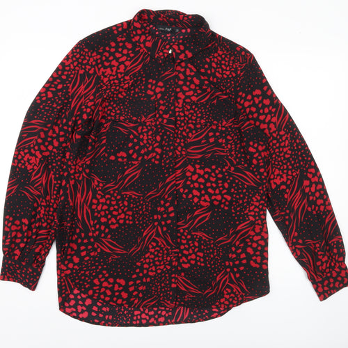 F&F Women’s Black Red Animal Print Button-Up Blouse UK 12