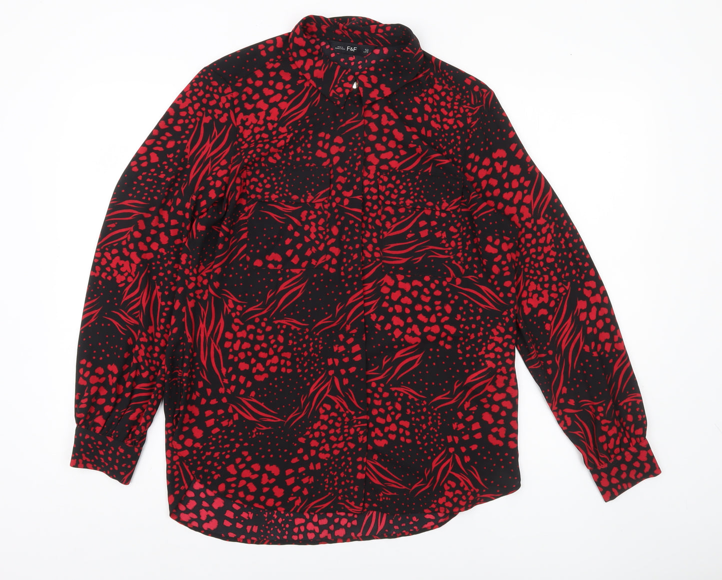 F&F Women’s Black Red Animal Print Button-Up Blouse UK 12