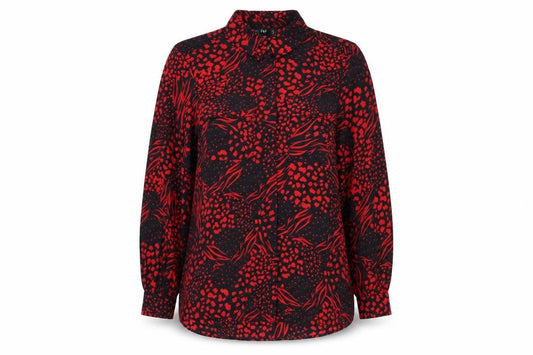 Front view of F&F Women’s Black Red Animal Print Button-Up Blouse UK 12
