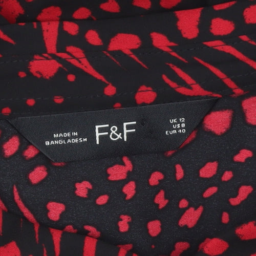 F&F Women’s Black Red Animal Print Button-Up Blouse UK 12