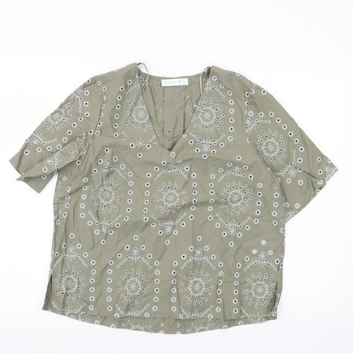 Primark Women’s Green Embroidered Cotton Tunic Blouse UK 14 Short Sleeve