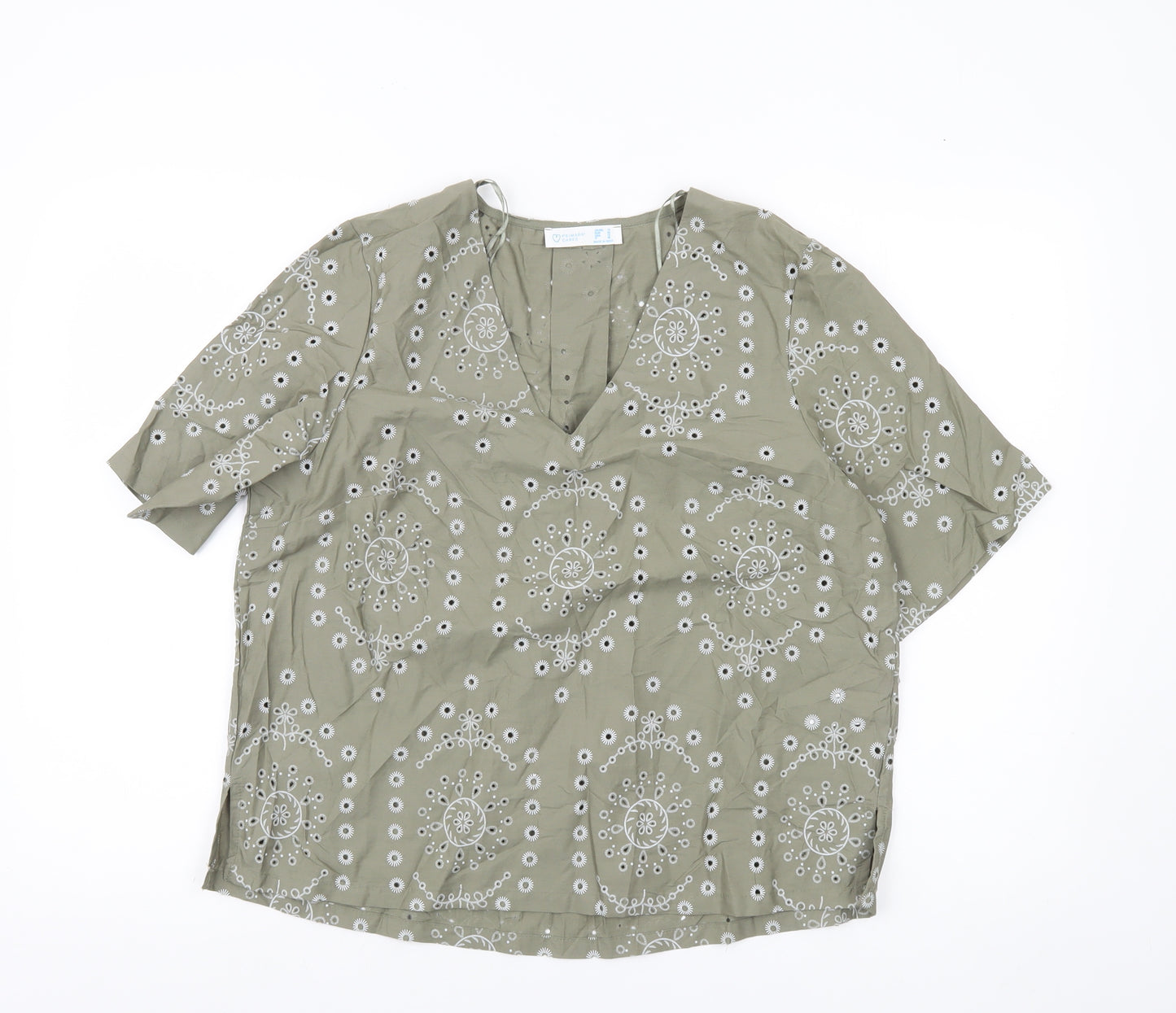 Primark Women’s Green Embroidered Cotton Tunic Blouse UK 14 Short Sleeve