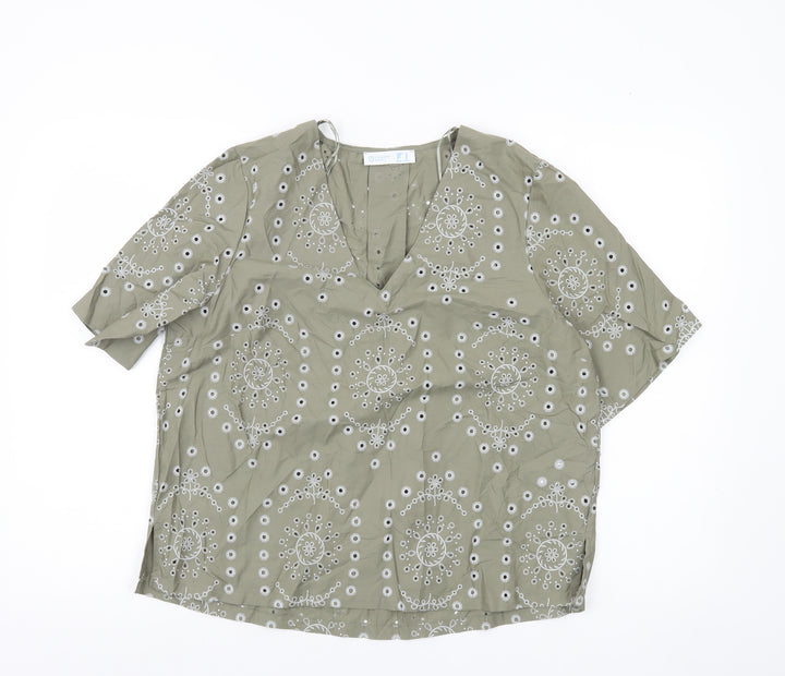 Primark Women’s Green Embroidered Cotton Tunic Blouse UK 14 Short Sleeve